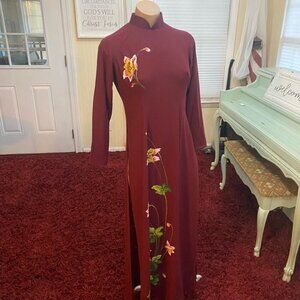 floral maroon dress with slits on both sides